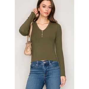 Faherty Freestyle ribbed Olive Long Sleeve V-Neck thermal L viscose elastane Top